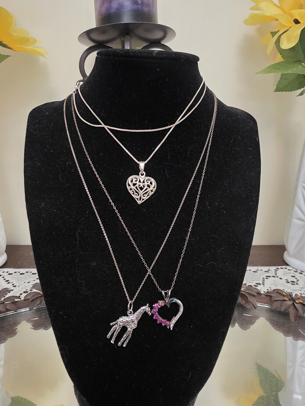3 Piece 925 Sterling Giraffe Heart Necklace Lot Bundle Collection Estate